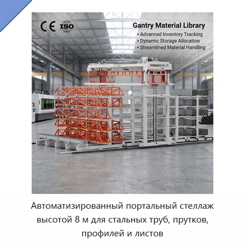 Автоматизированный портальный стеллаж высотой 8 м для стальных труб, прутков, профилей и листов