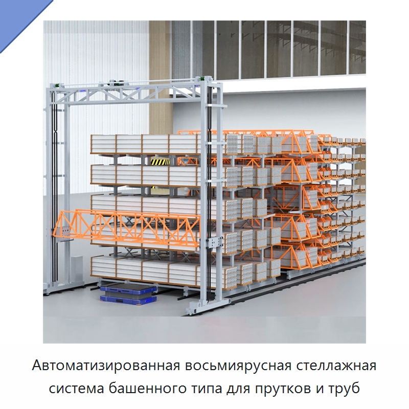 Автоматизированная восьмиярусная стеллажная система башенного типа для прутков и труб