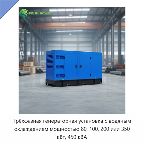 Трёхфазная генераторная установка с водяным охлаждением мощностью 80, 100, 200 или 350 кВт, 450 кВА