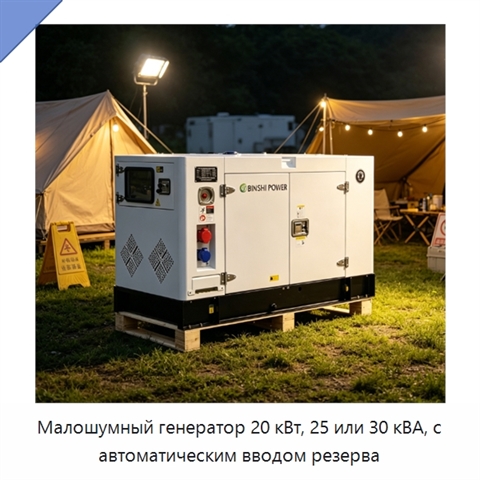 Малошумный генератор 20 кВт, 25 или 30 кВА, с автоматическим вводом резерва