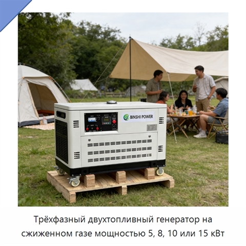 Трёхфазный двухтопливный генератор на сжиженном газе мощностью 5, 8, 10 или 15 кВт