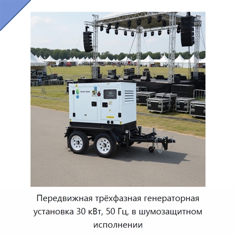 Передвижная трёхфазная генераторная установка 30 кВт, 50 Гц, в шумозащитном исполнении