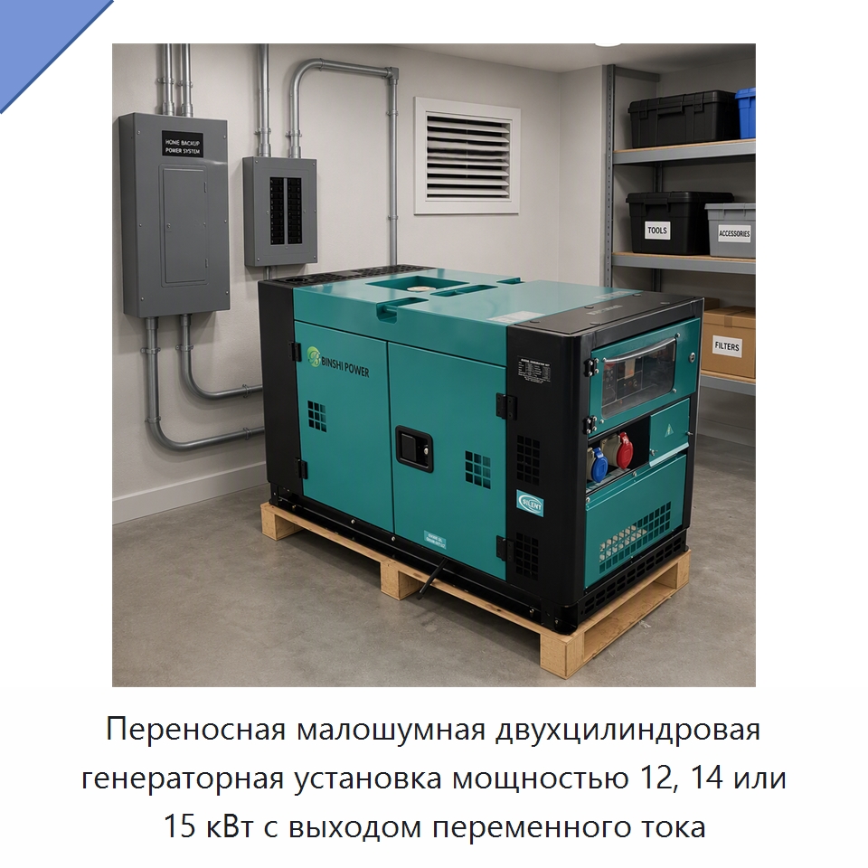 Переносная малошумная двухцилиндровая генераторная установка мощностью 12, 14 или 15 кВт с выходом переменного тока — Дизельные генераторы