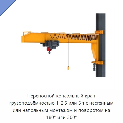 Переносной консольный кран грузоподъёмностью 1, 2,5 или 5 т с настенным или напольным монтажом и поворотом на 180° или 360° — Краны