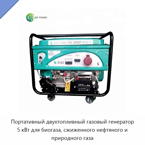 Портативный двухтопливный газовый генератор 5 кВт для биогаза, сжиженного нефтяного и природного газа