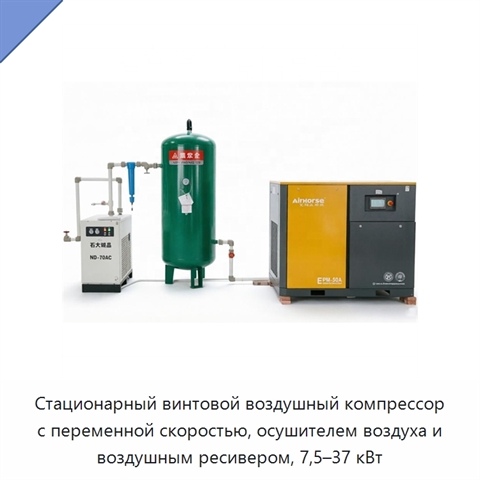 Стационарный винтовой воздушный компрессор с переменной скоростью, осушителем воздуха и воздушным ресивером, 7,5–37 кВт