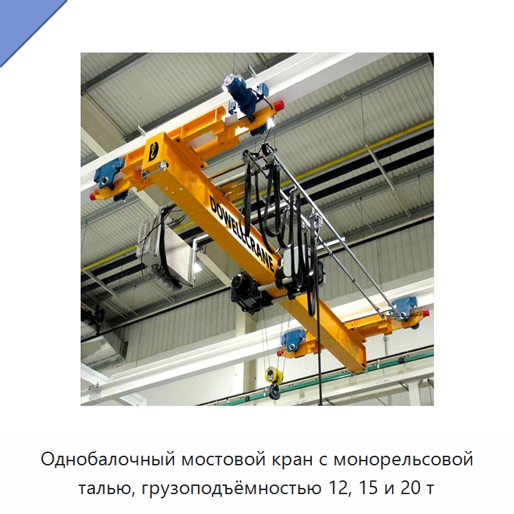 Однобалочный мостовой кран с монорельсовой талью, грузоподъёмностью 12, 15 и 20 т — Краны