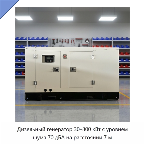 Дизельный генератор 30–300 кВт с уровнем шума 70 дБА на расстоянии 7 м