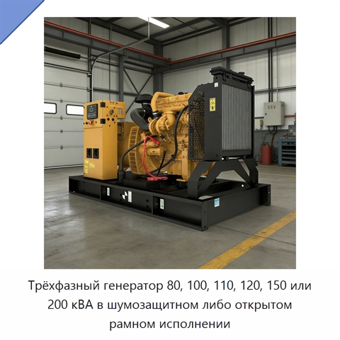 Трёхфазный генератор 80, 100, 110, 120, 150 или 200 кВА в шумозащитном либо открытом рамном исполнении