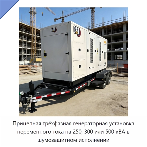 Прицепная трёхфазная генераторная установка переменного тока на 250, 300 или 500 кВА в шумозащитном исполнении