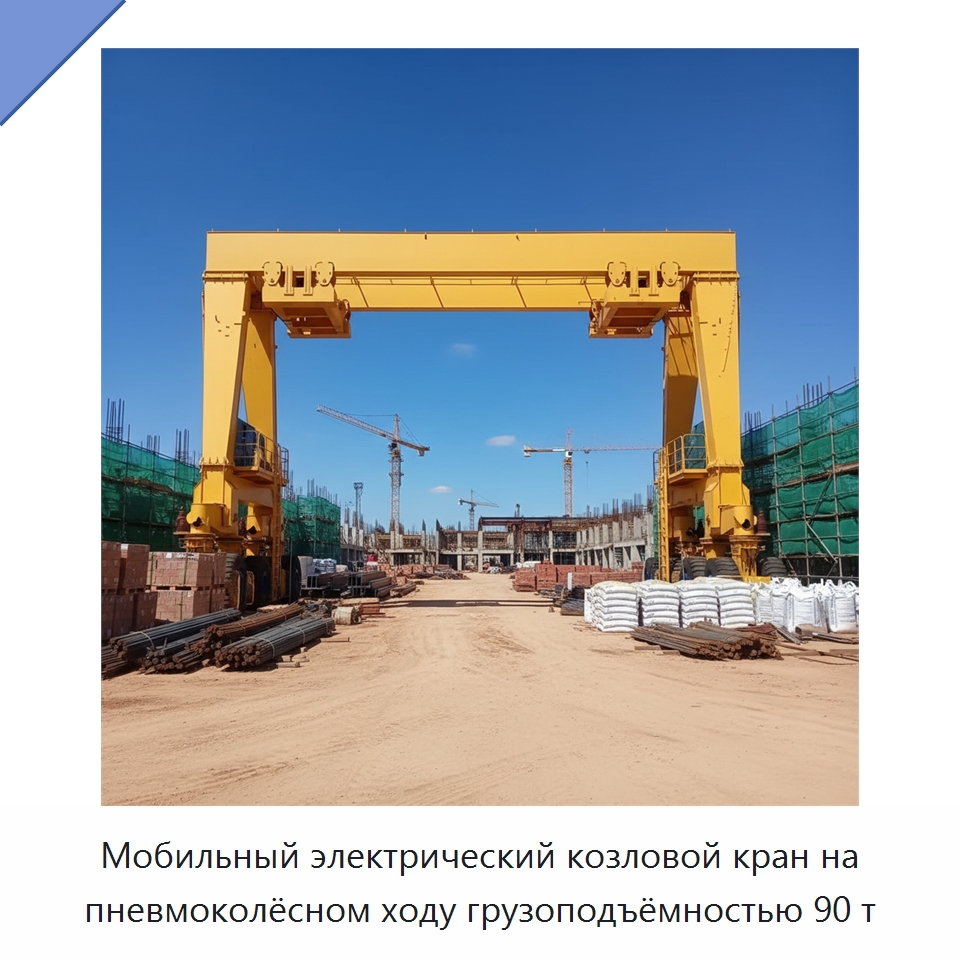 Мобильный электрический козловой кран на пневмоколёсном ходу грузоподъёмностью 90 т — Краны