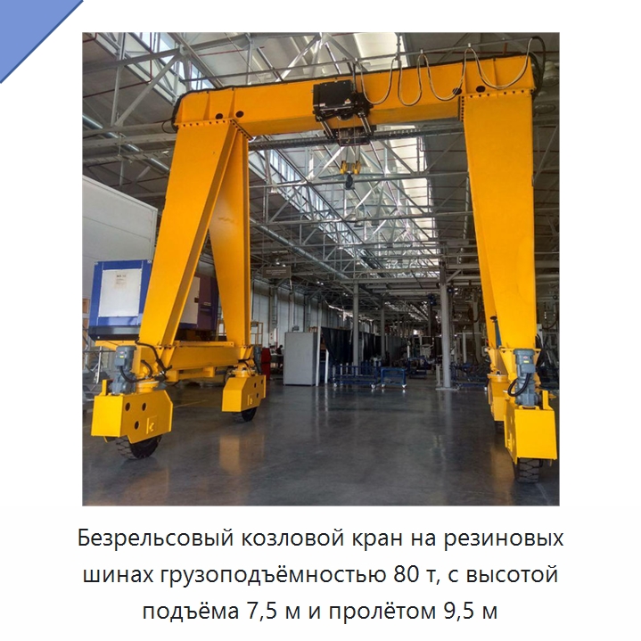Безрельсовый козловой кран на резиновых шинах грузоподъёмностью 80 т, с высотой подъёма 7,5 м и пролётом 9,5 м — Краны