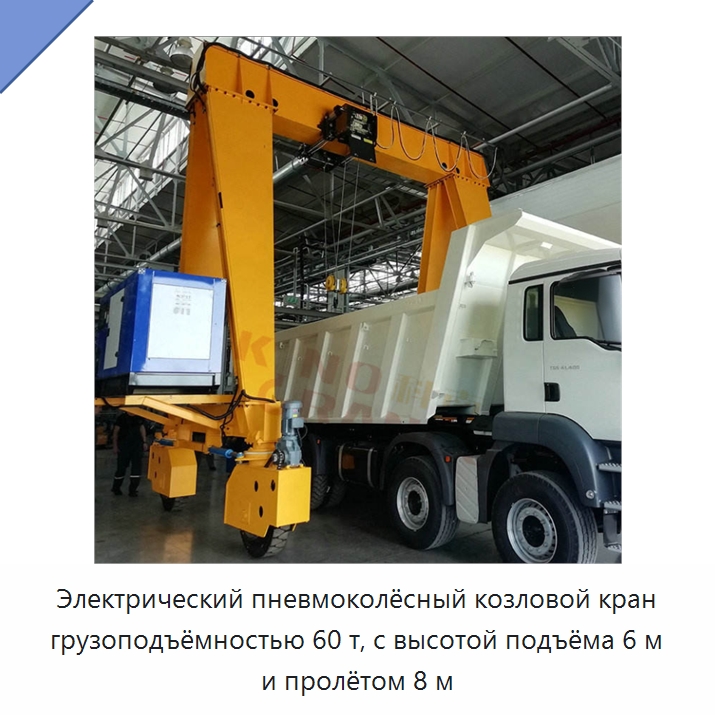 Электрический пневмоколёсный козловой кран грузоподъёмностью 60 т, с высотой подъёма 6 м и пролётом 8 м — Краны
