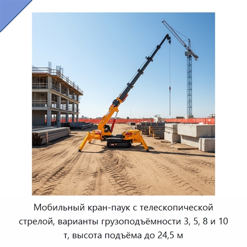Мобильный кран-паук с телескопической стрелой, варианты грузоподъёмности 3, 5, 8 и 10 т, высота подъёма до 24,5 м