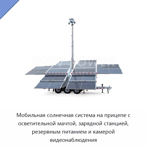 Мобильная солнечная система на прицепе с осветительной мачтой, зарядной станцией, резервным питанием и камерой видеонаблюдения