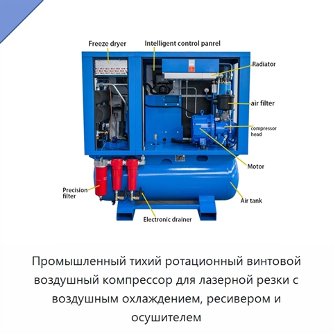 Промышленный тихий ротационный винтовой воздушный компрессор для лазерной резки с воздушным охлаждением, ресивером и осушителем