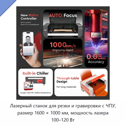 Лазерный станок для резки и гравировки с ЧПУ, размер 1600 × 1000 мм, мощность лазера 100–120 Вт