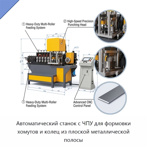 Автоматический станок с ЧПУ для формовки хомутов и колец из плоской металлической полосы