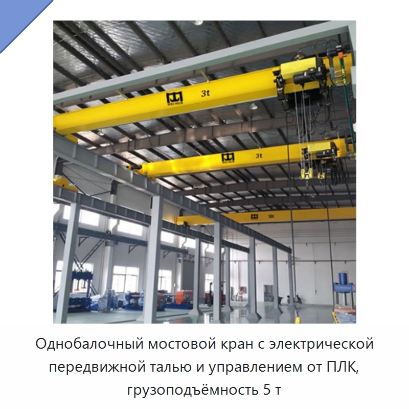 Однобалочный мостовой кран с электрической передвижной талью и управлением от ПЛК, грузоподъёмность 5 т — Краны
