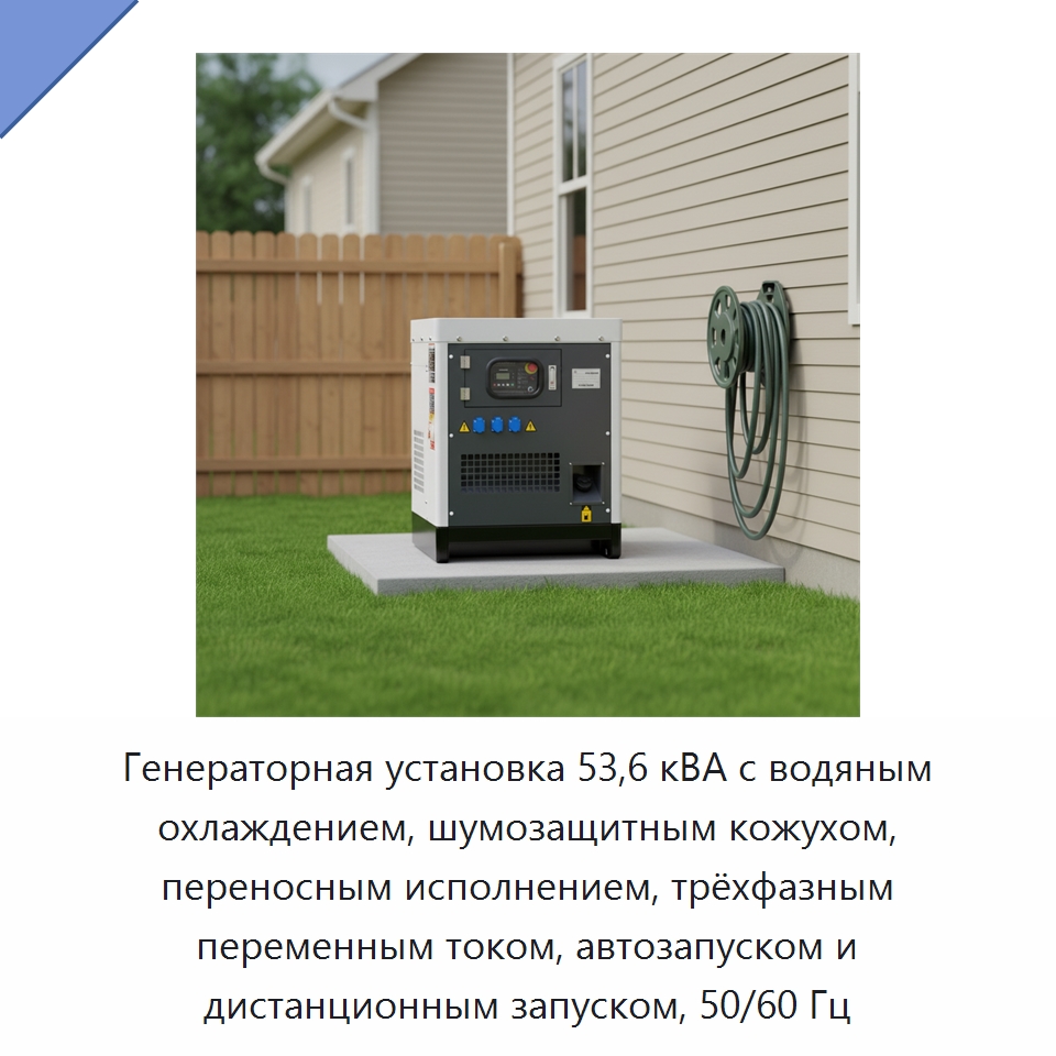Генераторная установка 53,6 кВА с водяным охлаждением, шумозащитным кожухом, переносным исполнением, трёхфазным переменным током, автозапуском и дистанционным запуском, 50/60 Гц
