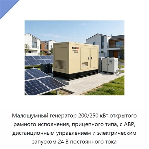 Малошумный генератор 200/250 кВт открытого рамного исполнения, прицепного типа, с АВР, дистанционным управлением и электрическим запуском 24 В постоянного тока