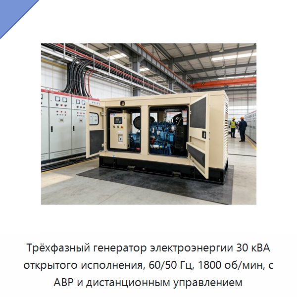 Трёхфазный генератор электроэнергии 30 кВА открытого исполнения, 60/50 Гц, 1800 об/мин, с АВР и дистанционным управлением — Дизельные генераторы