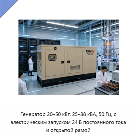 Генератор 20–50 кВт, 25–38 кВА, 50 Гц, с электрическим запуском 24 В постоянного тока и открытой рамой