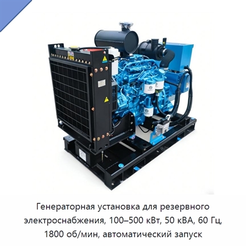 Генераторная установка для резервного электроснабжения, 100–500 кВт, 50 кВА, 60 Гц, 1800 об/мин, автоматический запуск
