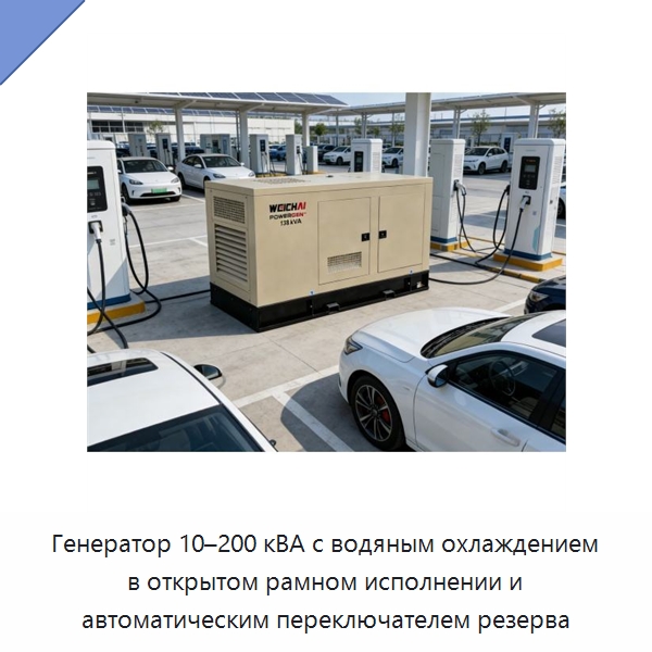 Генератор 10–200 кВА с водяным охлаждением в открытом рамном исполнении и автоматическим переключателем резерва — Дизельные генераторы