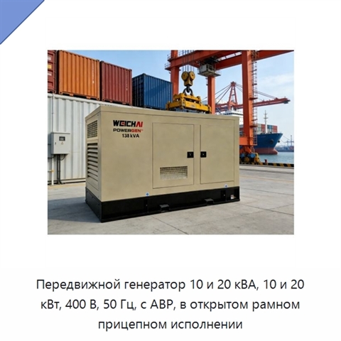 Передвижной генератор 10 и 20 кВА, 10 и 20 кВт, 400 В, 50 Гц, с АВР, в открытом рамном прицепном исполнении