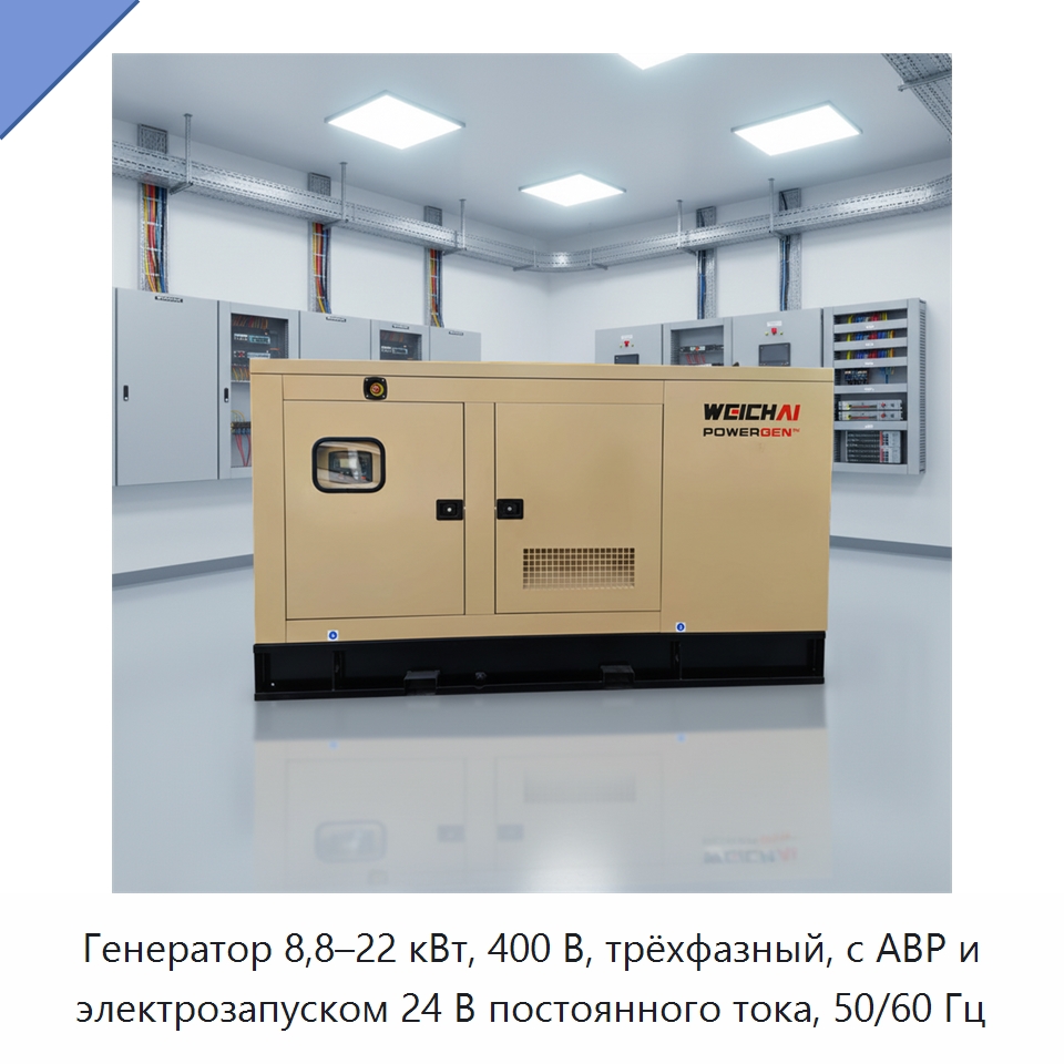 Генератор 8,8–22 кВт, 400 В, трёхфазный, с АВР и электрозапуском 24 В постоянного тока, 50/60 Гц — Дизельные генераторы