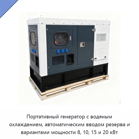 Портативный генератор с водяным охлаждением, автоматическим вводом резерва и вариантами мощности 8, 10, 15 и 20 кВт