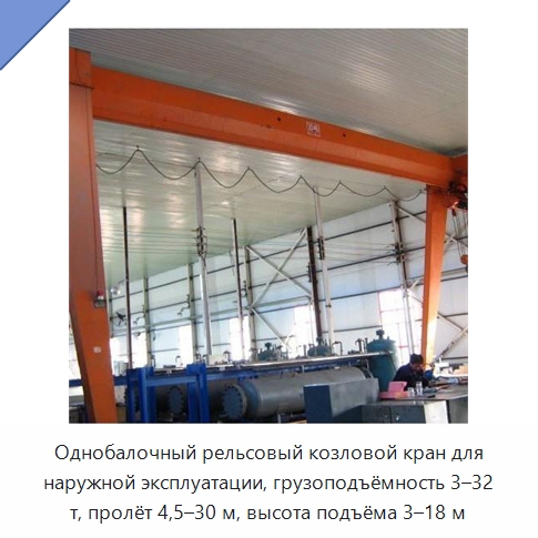 Однобалочный рельсовый козловой кран для наружной эксплуатации, грузоподъёмность 3–32 т, пролёт 4,5–30 м, высота подъёма 3–18 м — Краны