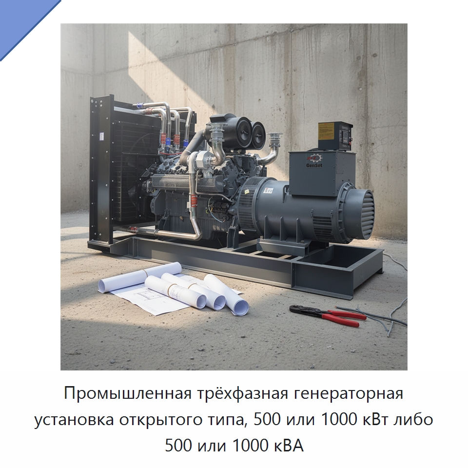 Промышленная трёхфазная генераторная установка открытого типа, 500 или 1000 кВт либо 500 или 1000 кВА — Дизельные генераторы