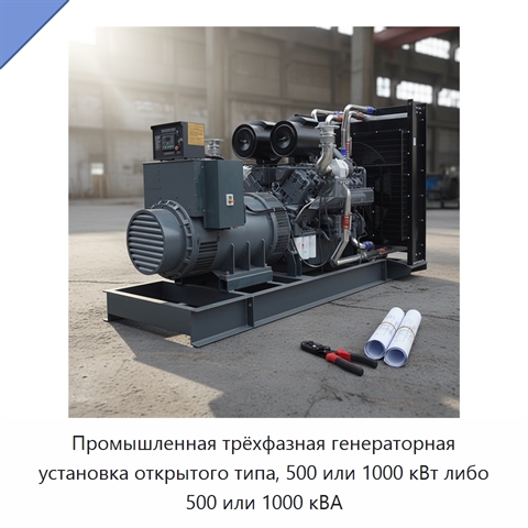 Промышленная трёхфазная генераторная установка открытого типа, 500 или 1000 кВт либо 500 или 1000 кВА