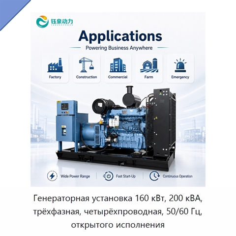 Генераторная установка 160 кВт, 200 кВА, трёхфазная, четырёхпроводная, 50/60 Гц, открытого исполнения