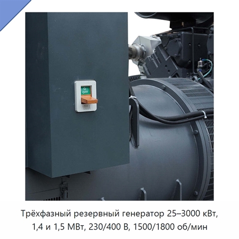 Трёхфазный резервный генератор 25–3000 кВт, 1,4 и 1,5 МВт, 230/400 В, 1500/1800 об/мин