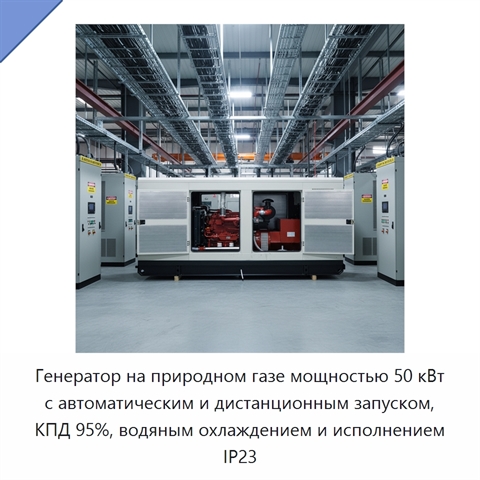 Генератор на природном газе мощностью 50 кВт с автоматическим и дистанционным запуском, КПД 95%, водяным охлаждением и исполнением IP23