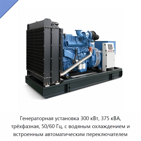 Генераторная установка 300 кВт, 375 кВА, трёхфазная, 50/60 Гц, с водяным охлаждением и встроенным автоматическим переключателем