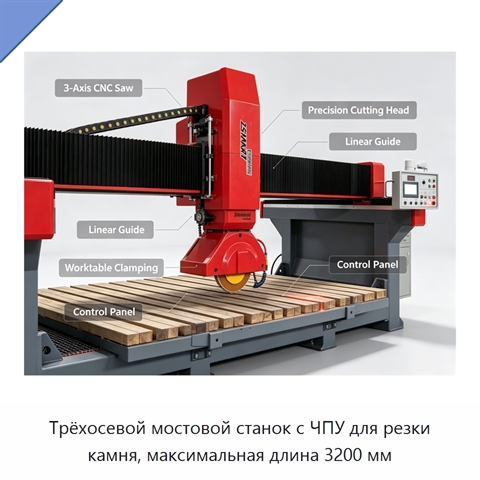 Трёхосевой мостовой станок с ЧПУ для резки камня, максимальная длина 3200 мм