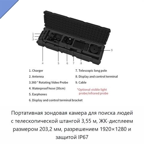 Портативная зондовая камера для поиска людей с телескопической штангой 3,55 м, ЖК-дисплеем размером 203,2 мм, разрешением 1920×1280 и защитой IP67
