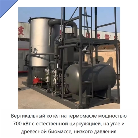Вертикальный котёл на термомасле мощностью 700 кВт с естественной циркуляцией, на угле и древесной биомассе, низкого давления