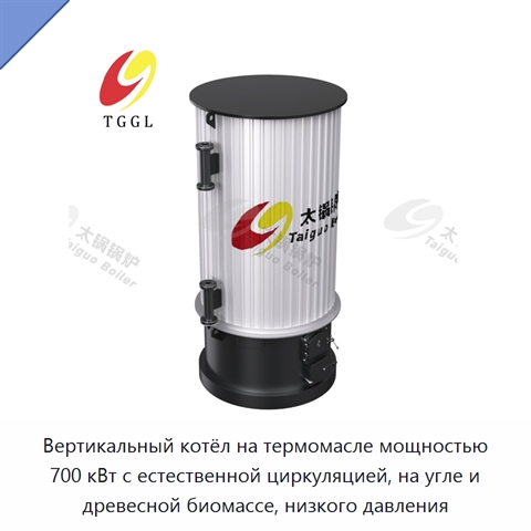 Вертикальный котёл на термомасле мощностью 700 кВт с естественной циркуляцией, на угле и древесной биомассе, низкого давления