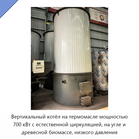 Вертикальный котёл на термомасле мощностью 700 кВт с естественной циркуляцией, на угле и древесной биомассе, низкого давления
