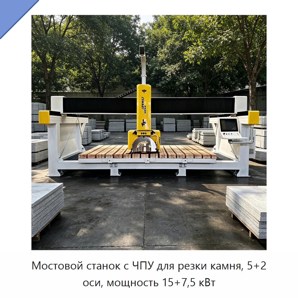 Мостовой станок с ЧПУ для резки камня, 5+2 оси, мощность 15+7,5 кВт — Оборудование для обработки камня