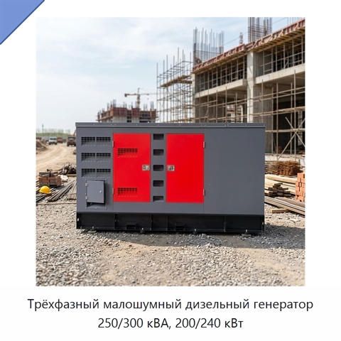 Трёхфазный малошумный дизельный генератор 250/300 кВА, 200/240 кВт