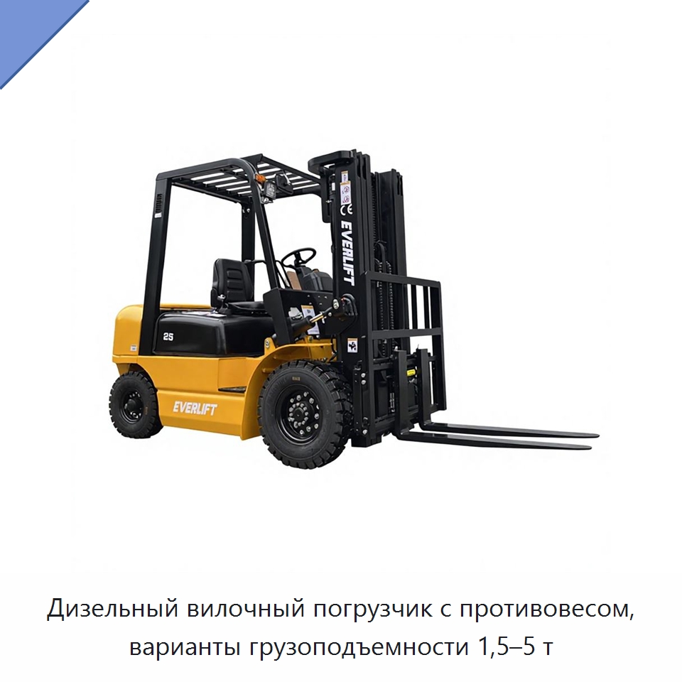 Дизельный вилочный погрузчик с противовесом, варианты грузоподъемности 1,5–5 т — Вилочные погрузчики