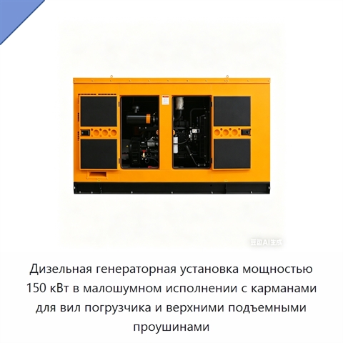 Дизельная генераторная установка мощностью 150 кВт в малошумном исполнении с карманами для вил погрузчика и верхними подъемными проушинами