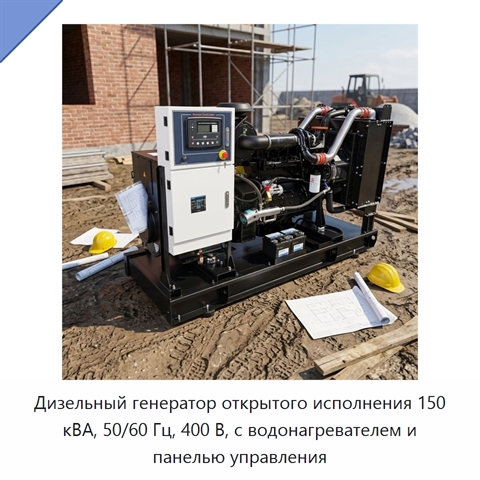 Дизельный генератор открытого исполнения 150 кВА, 50/60 Гц, 400 В, с водонагревателем и панелью управления