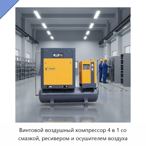 Винтовой воздушный компрессор 4 в 1 со смазкой, ресивером и осушителем воздуха